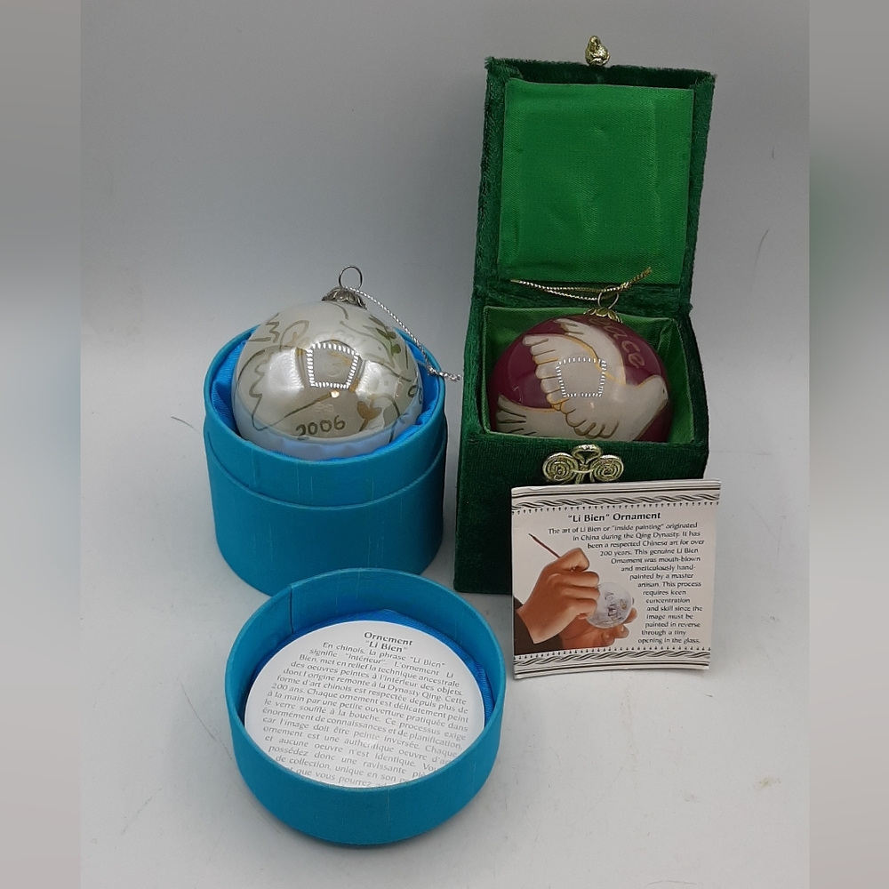 Pier 1 One Li Bien Ornament Peace on Earth Dove Hand Painted Glass Box Set of 2